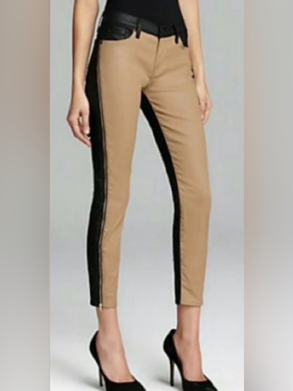 7 For All Mankind Two-Tone Pieced Cropped Skinny in Waxed Black/Khaki, size 29
